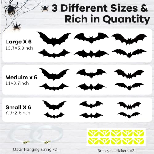 Halloween Hanging Bat Decorations Set with Glowing Eyes - Outdoor Waterproof Plastic Bats, 18 Pieces
