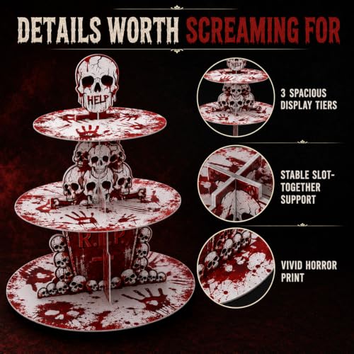 Halloween Bloody Cupcake Stand - 3-Tier Skeleton Handprints Party Decor - Bloody Variant