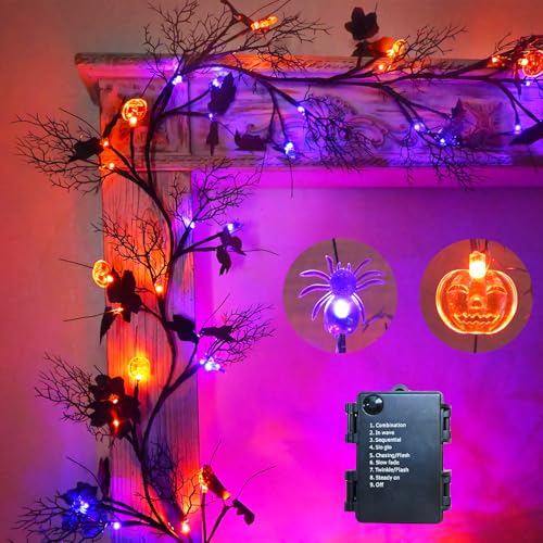 Halloween Garland with Lights 8.86FT 72LED Willow Vine Twig with Timer - Orange & Purple Pumpkins, Spiders, Leaves - Indoor Outdoor Decor
