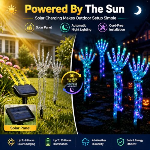 White Halloween Solar Skeleton Stakes with Glowing Skull Hands - Outdoor Pathway Decor