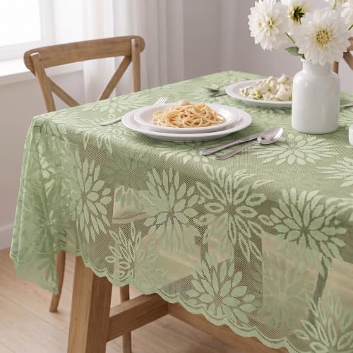 Green Lace Dahlia Tablecloth 60x84 Inch Rectangular - Durable Polyester Home Decor