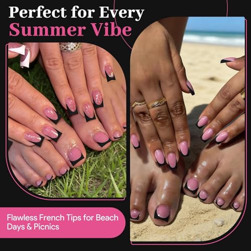 Black French Tip Press On Nails and Toenails Set 60 Pcs - Pink & Black Variation