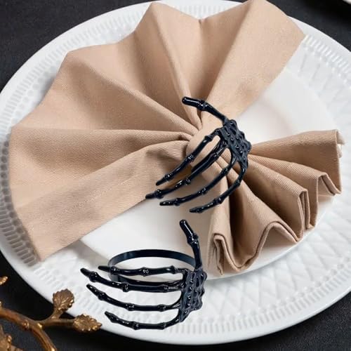 Halloween Napkin Rings Set of 6 - Black Skeleton Hand, 8 Size