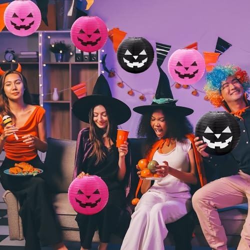 Halloween Hanging Paper Lanterns Set - Pink & Black Pumpkin Decor, 6 Pieces