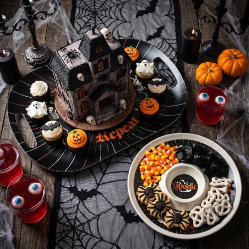 Black Halloween Gothic Skeleton Serving Trays Set of 2 - 18'' Rectangle & 13'' Round