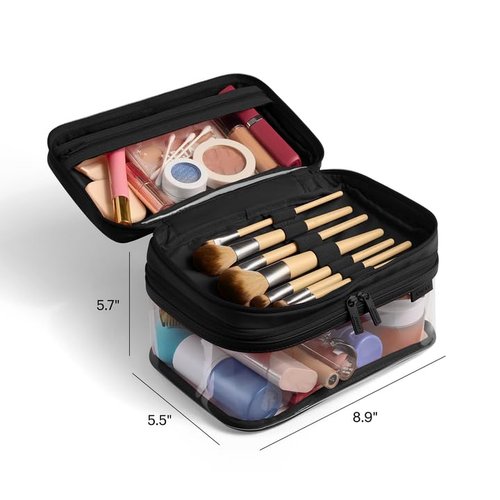 Away Clear Cosmetic Case for Travel, TSA Approved Double Compartment Makeup & Cosmetic Organizer with Leather Handle, Transparent Carry-On Pouch for Toiletries, Brushes & Essentials