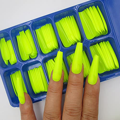 Neon Press-On Nails Long Coffin Fake Nails - Lime Yellow 120 Pack