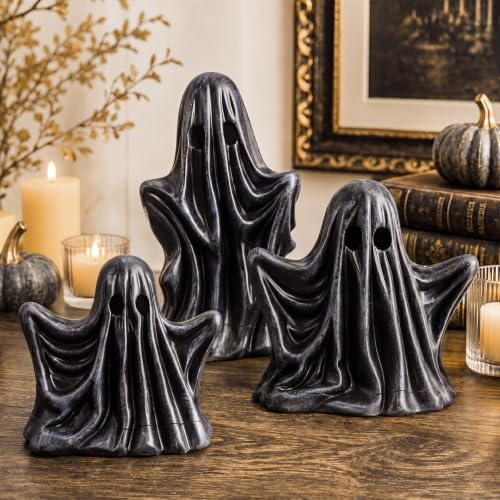 Halloween Ghost Figurine Set - 3 Black Resin Gothic Decor, 4-6 Inches