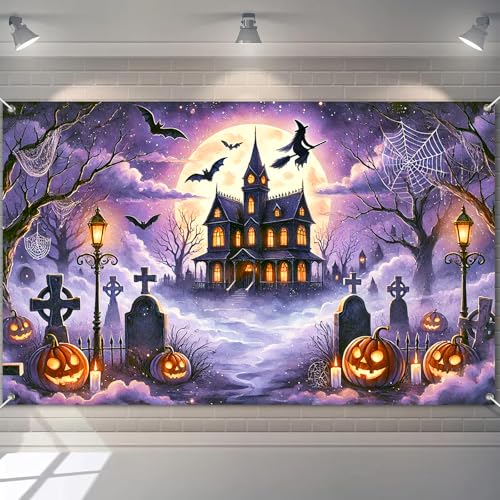 Halloween Backdrop Haunted House Witch Banner 71x43 Inch - Halloween Decor Variation 7