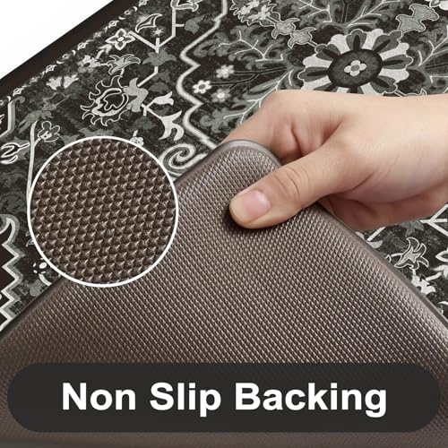 Anti-Fatigue Kitchen Mats Set - Cushioned Boho Rugs 2-Piece Black & Multi
