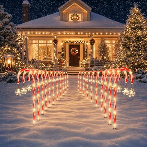 Solar Candy Cane Pathway Lights Set - 20 Warm White Outdoor Christmas Yard Decor - Variation of 20 Pack - Warm White