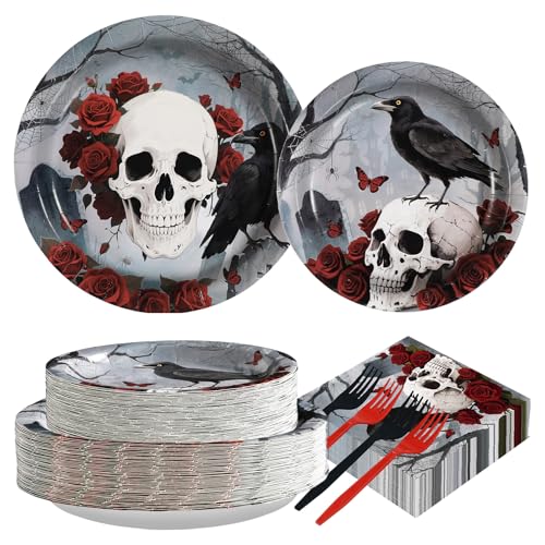 200PCS Halloween Gothic Skull Rose Party Supplies Plates Napkins Set