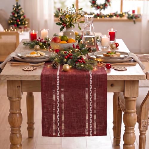 Red Embroidered Farmhouse Table Runner 13x36 Inch - Rustic Holiday Decor