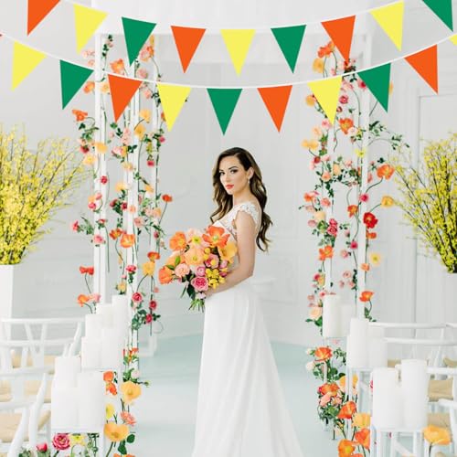 Fabric Bunting Banner - 40Ft Green, Orange & Yellow Triangle Flags for Party Decor