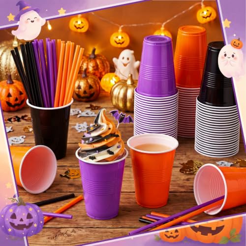 Halloween Disposable Plastic Cups with Straws - 120 Pcs Orange Black Purple