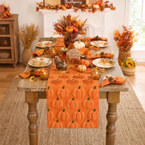 Fall Table Runner with 3D Faux Pumpkin Design - 13x108 Inch, Soft Faux Fur