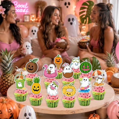 Summer Halloween Cupcake Toppers Set - 24 Assorted Beach & Ghost Designs for Birthday & Party Decor