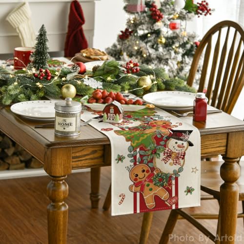 Gingerbread Snowman Table Runner 13x120 Inch Home Holiday Decor Beige-Red