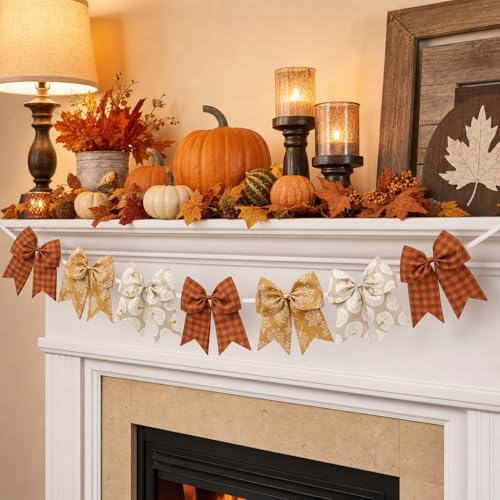Fall Bow Garland for Mantel Fireplace Decor | Harvest & Thanksgiving Banner