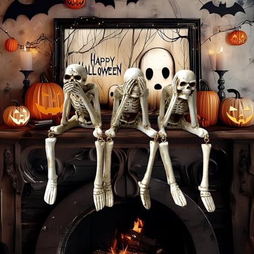 Halloween Skeleton Statues Set of 3 - Resin Gothic Skeleton Decor - See No Evil Hear No Evil Speak No Evil