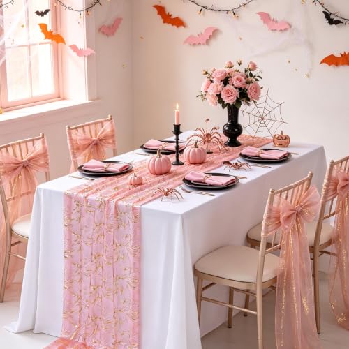 Pink Halloween Gauze Table Runner 120 Inch 3 Pieces - Gold Foil Design, Cracks Pink Gold / 28x120