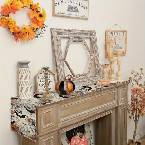 Halloween Ghost Pumpkin Bat Table Runner - Style 01, 13x72 Inch Seasonal Linen Decor