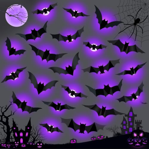 Purple LED 3D Bat Halloween Decorations Set - 36 Pieces, 5 Sizes & 4 Shapes