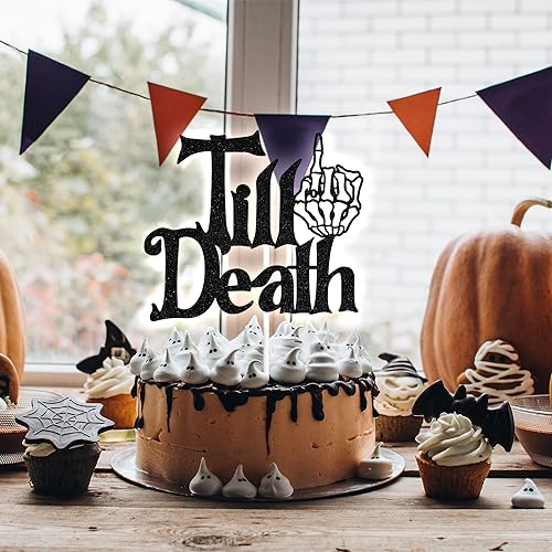 Black Glitter Cake Topper for Halloween Wedding Anniversary - Till Death