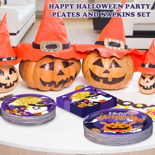 Halloween Party Plates and Napkins Set - Orange05, 150 Pcs Halloween Dinnerware for Up to 50 Guests