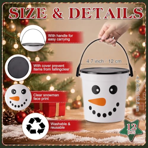 12 Pack Christmas Snowman Candy Buckets with Handles - Holiday Treat Pails