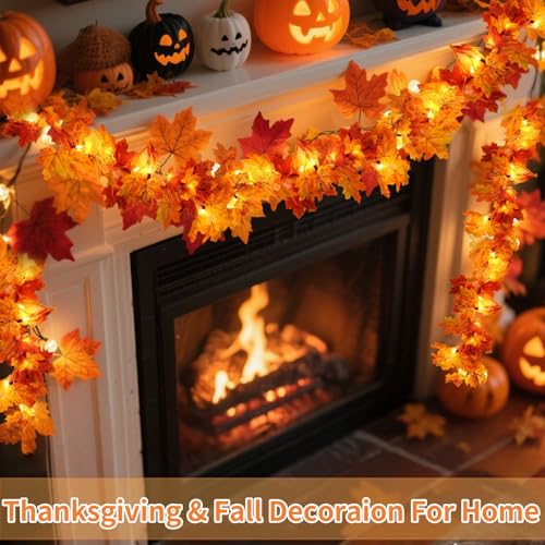 Orange Fall Garland with 100 LED Lights, 20Ft Battery Operated, 2 Pack