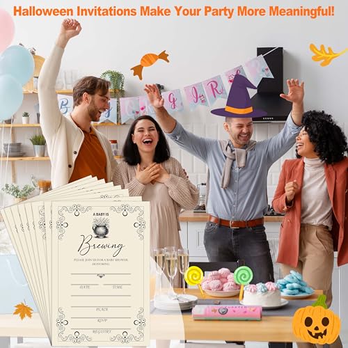 Halloween Baby Shower Invitations for Boys Girls - 'A Baby Is Brewing' Variation, 25 Pack 4x6 with Envelopes