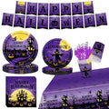 Purple Halloween Party Decorations Set - Banner, Tablecloth, Plates & Cups for 24 Guests