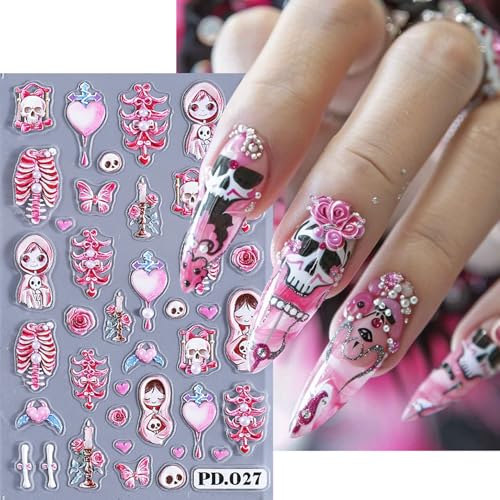 Halloween Nail Art Stickers 2 Sheets 5D Embossed Skeleton Heart Spider Web Decals