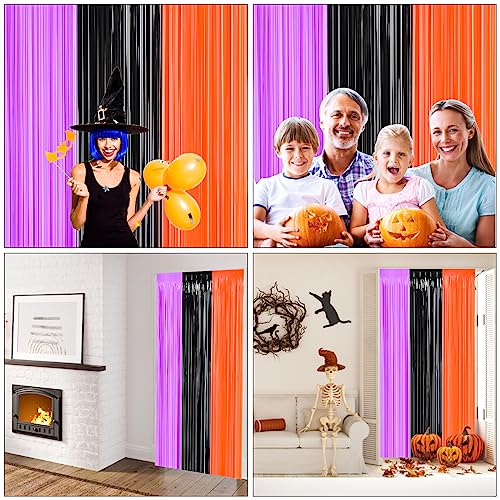 Halloween Tinsel Foil Curtain Set - Black, Orange & Purple, 3.3x6.6ft, Photo Booth Backdrop - Variation of Black Purple and Orange