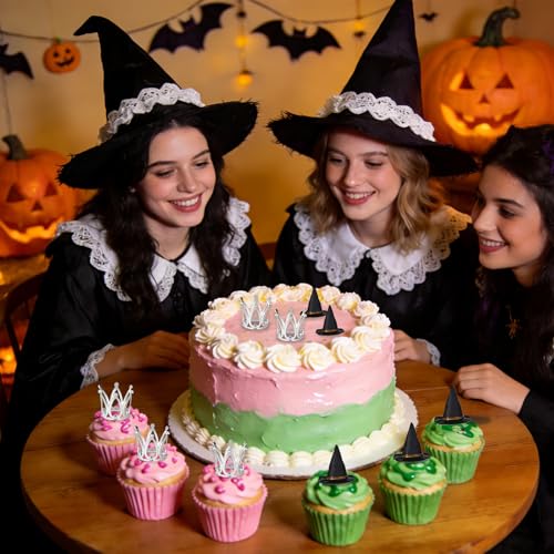 24 Pcs Witch Hat & Silver Crown Cake Toppers for Halloween & Princess Parties