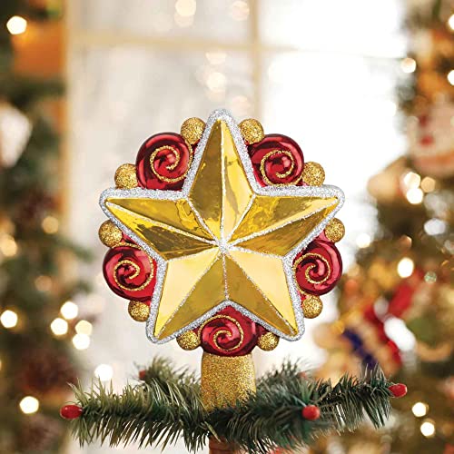 Glass Blown Christmas Tree Topper - Handcrafted Gold & Red Star Ornament