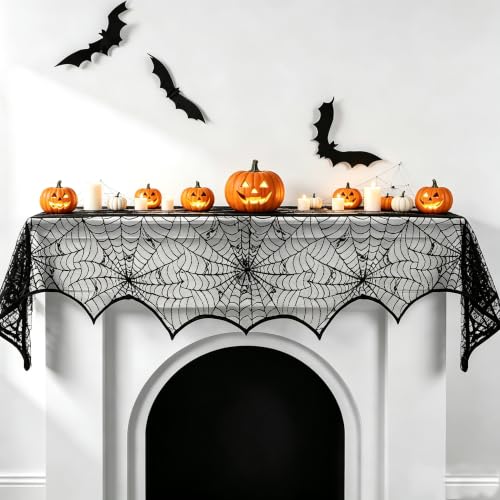 Halloween Black Lace Spiderweb Mantel Scarf - Indoor Fireplace & Table Decor