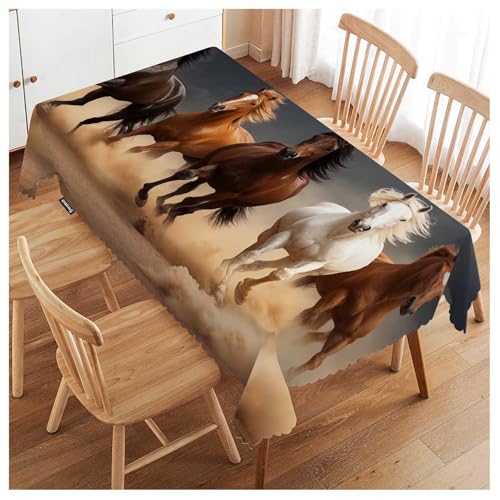 Horse Tablecloth 52x70 Inch Rectangular Desert Sand Herd Run Decor - Washable Plaid