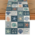 13x90 Inch Summer Checkered Conch Shell & Starfish Table Runner - Blue