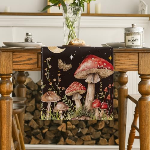 Autumn Mushroom Moon and Moth Table Runner - Seasonal Kitchen Decor 13x72 Inch
