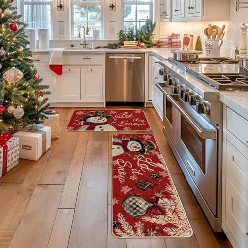 Christmas Kitchen Rugs Set 2-Piece Snowman Holiday Non-Slip Washable Mats