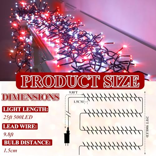 25ft 500 LED Cluster Christmas String Lights - Red & White, Indoor Outdoor