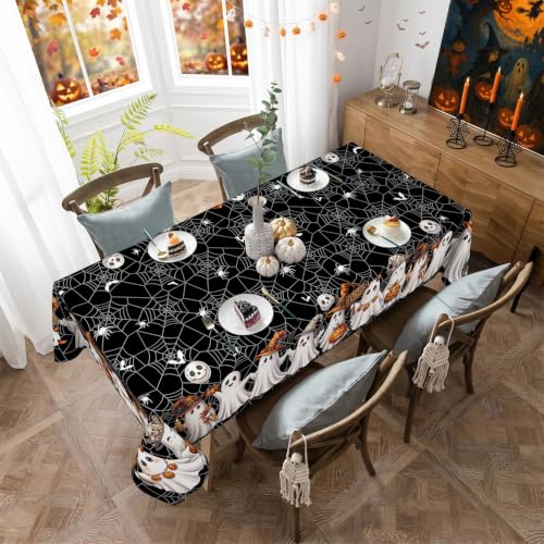 Halloween Ghost Black Rectangular Tablecloth 60 x 102 Inches - Spider Web & Ghost Design