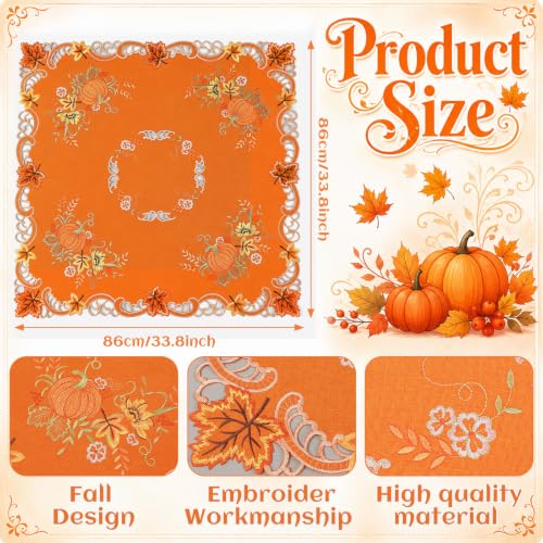 Fall Tablecloth 34 Inch Square Embroidered Pumpkin Sunflowers Autumn Decor - Rust Orange