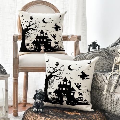 Halloween Dead Tree Haunted House Throw Pillow Covers 18x18 Inch - Pack of 2, White