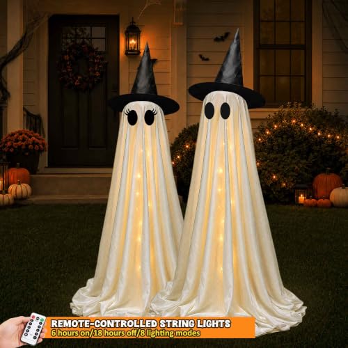 63 Inch Ghost Halloween Decoration Kit with Light-Up Witches Hat & Remote Control Lights - Spooky Outdoor Yard Porch Decor - 2 Pack
