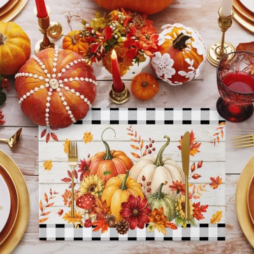 Orange & Black Fall Placemats Set of 6 - Non Slip Washable Farmhouse Table Mats