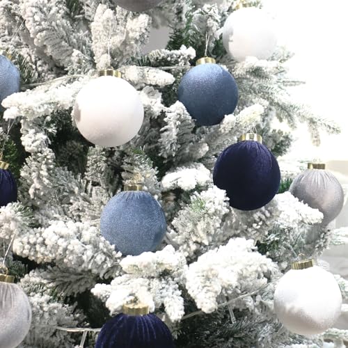 Velvet Christmas Ornaments Set - 12pcs 80mm Light Blue White Dark Blue Gray