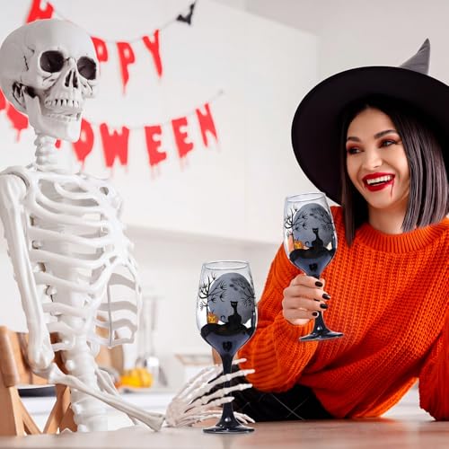 Halloween Black Cat Moon Pumpkin Grave Stone Wine Glass Set - 2 Pcs